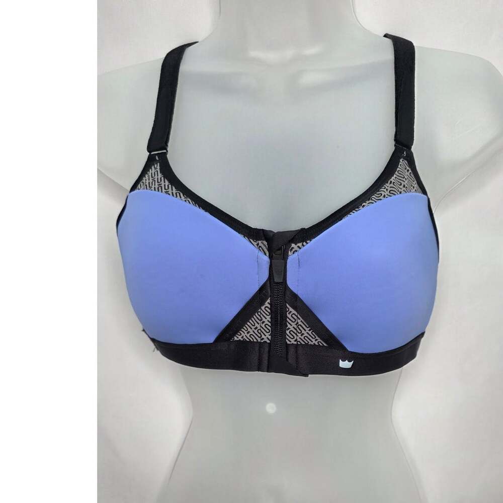 SHEFIT Sports Bra Small Blue Black Front Zip Adjustable High Impact Athletic